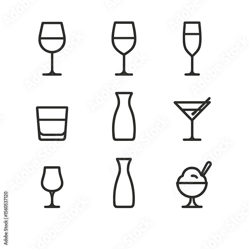 Fine-Dining Beverage Icons. Outline icon set of Fine-Dining Beverage Pairings: red wine glass, white wine glass, champagne flute,