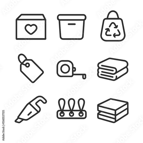 Shelf Decluttering Icons. Outline icon set of shelf decluttering before dusting: donate box, keep bin, recycle bag, label tag,