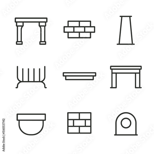 Fireplace Icon Set. Outline icon set of Fireplace Architectural Elements: stone mantel, brick hearth, chimney silhouette, iron