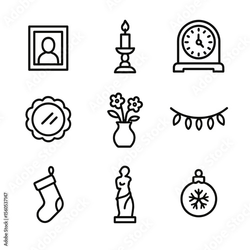 Fireplace Mantel Icons. Outline icon set of Decorating Fireplace Mantel: framed photo, candle holder, antique clock, decorative