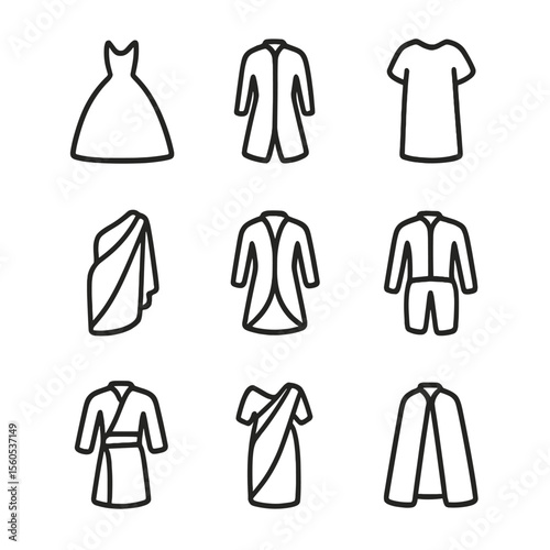 Silhouette Style Icons. Outline icon set of silhouette styles: ball gown outline, frock coat shape, tunic drape, toga wrap,