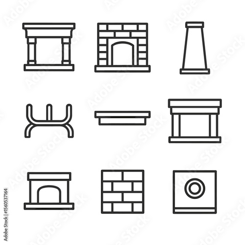 Fireplace Icon Set. Outline icon set of Fireplace Architectural Elements: stone mantel, brick hearth, chimney silhouette, iron