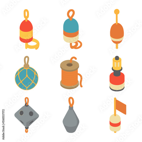 Fishing Buoys Icon Set. Isometric Flat icon set of fishing buoys: lobster pot buoy, crab pot buoy, net marker buoy, glass float,