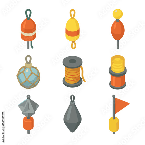 Fishing Buoys Icon Set. Isometric Flat icon set of fishing buoys: lobster pot buoy, crab pot buoy, net marker buoy, glass float,