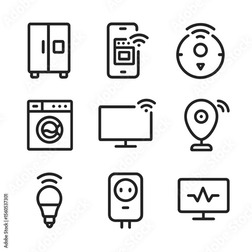 Smart Home Icons. Outline icon set of connected home devices: smart fridge, app-controlled oven, robot vacuum, connected washing