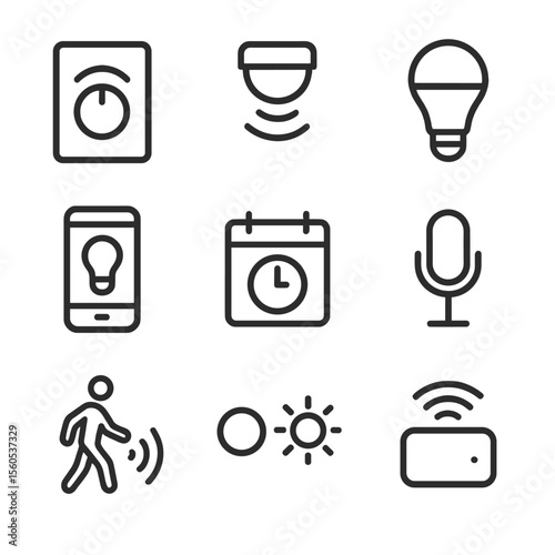 Smart Lighting Icons. Outline icon set of smart lighting controls: dimmer switch, motion sensor, smart bulb, smartphone app,