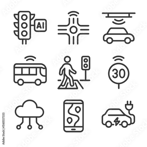 Smart Traffic Icons. Outline icon set of smart traffic management: AI traffic lights, connected crossroads, congestion sensor,