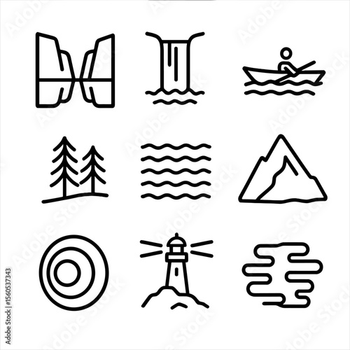 Fjord Valley Icon Set. Outline icon set of fjord valley waters: steep cliff reflection, waterfall drop, kayak silhouette, pine