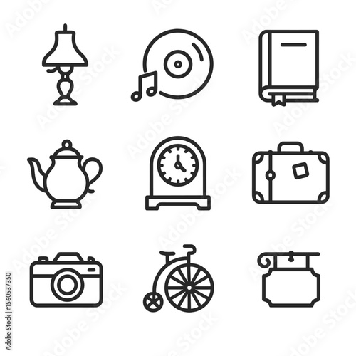 Flea Market Icons. Outline icon set of Flea Market Treasures: vintage lamp, vinyl record, old book, porcelain teapot, antique