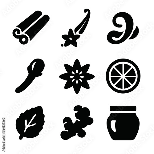 Flavored Compote Icons. Solid, filled icon set of flavored compote variations: cinnamon stick, vanilla pod, lemon zest, clove,