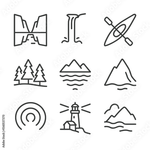 Fjord Valley Icon Set. Outline icon set of fjord valley waters: steep cliff reflection, waterfall drop, kayak silhouette, pine
