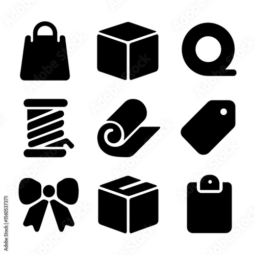 Flea Market Packaging Icons. Solid, filled icon set of flea market packaging and delivery: paper bag, box, tape, string, wrapping