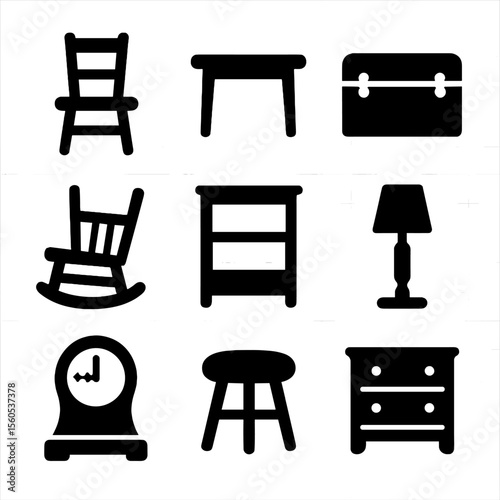 Flea Market Icons. Solid, filled icon set of flea market furniture finds: wooden chair, side table, old trunk, rocking chair,