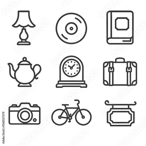 Flea Market Icons. Outline icon set of Flea Market Treasures: vintage lamp, vinyl record, old book, porcelain teapot, antique