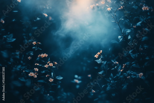 Moody twilight garden with mist and flowers creating an enchanting atmosphere in a serene setting