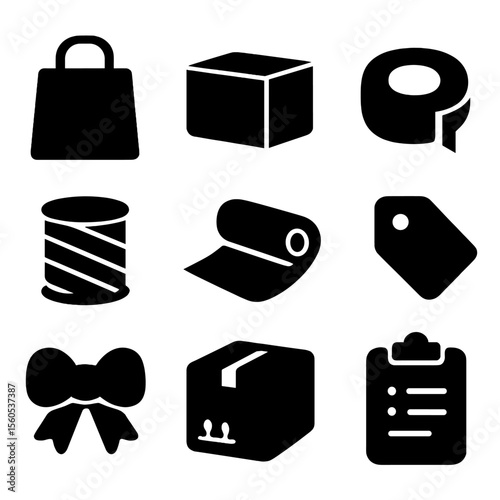 Flea Market Packaging Icons. Solid, filled icon set of flea market packaging and delivery: paper bag, box, tape, string, wrapping