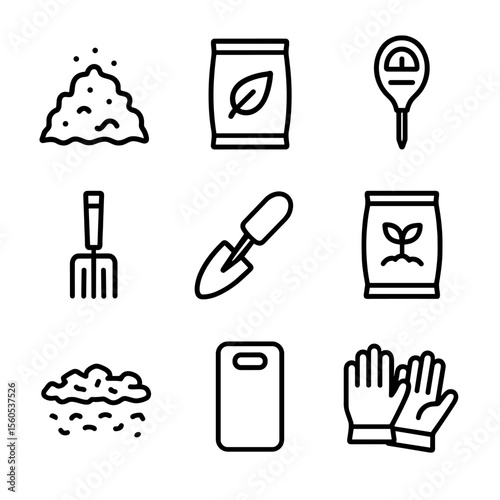 Soil Preparation Icons. Outline icon set of Soil preparation and fertilization: compost heap, fertilizer bag, soil pH meter,