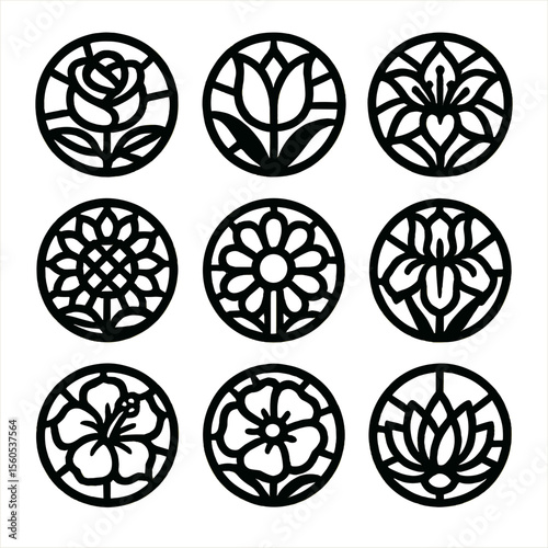 Floral Stained Glass Icons. Solid, filled icon set of floral stained glass patterns: rose, tulip, lily, sunflower, daisy, iris,