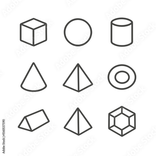 3D Solids Icons. Outline icon set of three-dimensional solids: cube, sphere, cylinder, cone, pyramid, torus, prism, tetrahedron,