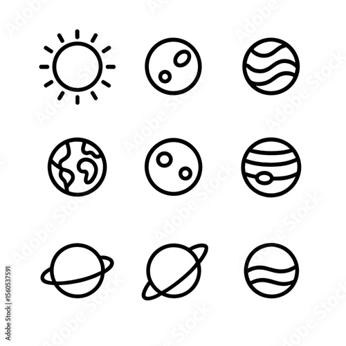 Solar System Icons. Outline icon set of solar system planets overview: Sun, Mercury, Venus, Earth, Mars, Jupiter, Saturn, Uranus,