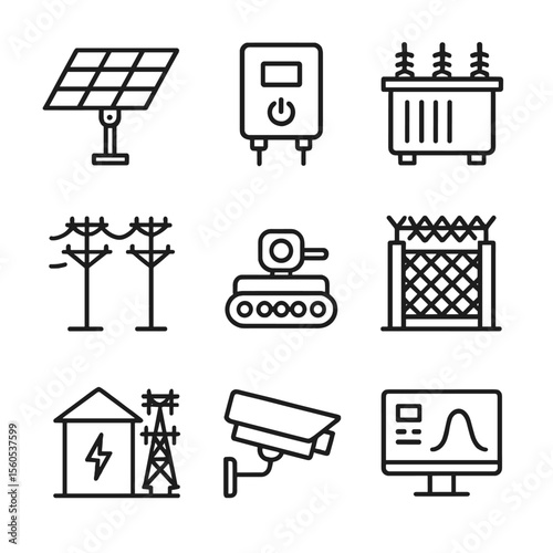 Solar Farm Icon Set. Outline icon set of solar farm infrastructure: tracking solar panels, inverter station, transformer, utility