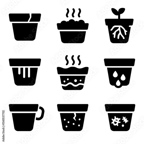 Flower Pot Problems. Solid, filled icon set of flower pot issues: cracked rim, moldy soil, root bound, faded paint, algae buildup,