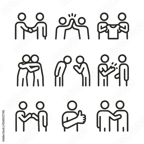 Sportsmanship Gesture Icons. Outline icon set of sportsmanship gestures: handshake after match, high-five, jersey exchange,