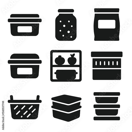 Food Storage Icons. Solid, filled icon set of food storage budgeting: labeled containers, mason jar, freezer bag, airtight lid,