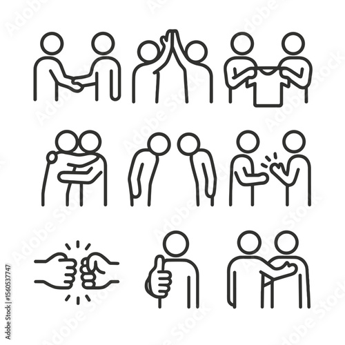 Sportsmanship Gesture Icons. Outline icon set of sportsmanship gestures: handshake after match, high-five, jersey exchange,