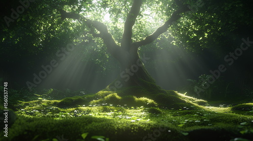 Majestic tree surrounded by lush green moss and sunlight filtering through branches in a tranquil forest setting