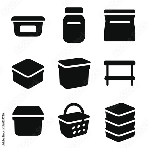 Food Storage Icons. Solid, filled icon set of food storage budgeting: labeled containers, mason jar, freezer bag, airtight lid,