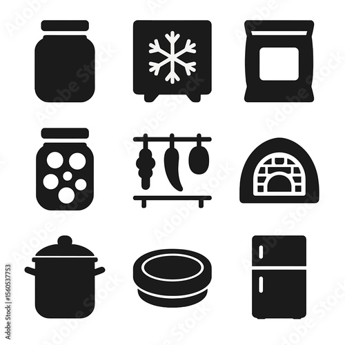 Food Preservation Icons. Solid, filled icon set of food preservation methods: mason jar, freezer icon, vacuum seal bag, pickling