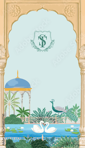 Traditional wedding invitation card design. Mughal garden arch peacock Wedding Invitation Card Design.