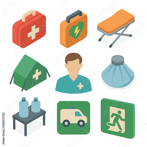 Football Field Safety Icons. Isometric Flat icon set of football field safety and medical: first aid kit, defibrillator, stretcher