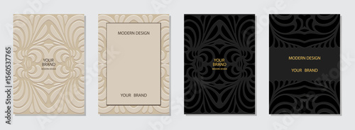 Set of covers, vertical templates. Collection of geometric backgrounds with ethnic artistic pattern. Mandala, arabesques, logo. Embossed 3D ornaments, handmade style of the East, Asia, India, Mexico.