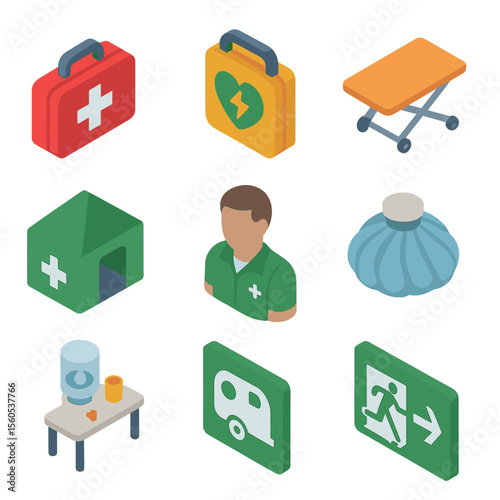 Football Field Safety Icons. Isometric Flat icon set of football field safety and medical: first aid kit, defibrillator, stretcher