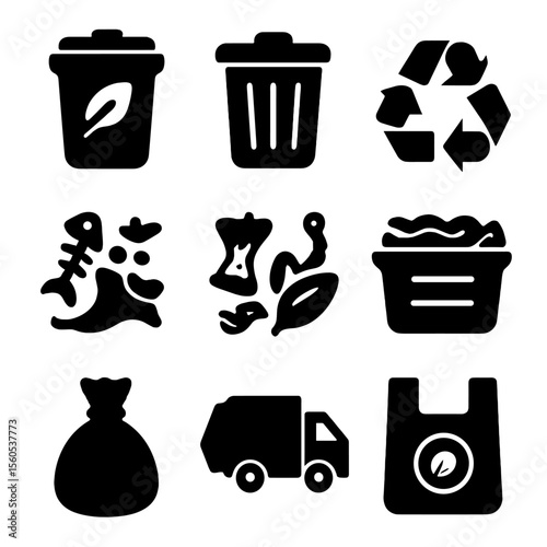 Food Waste Icons. Solid, filled icon set of food waste management: compost bin, trash can, recycling symbol, biodegradable bag,