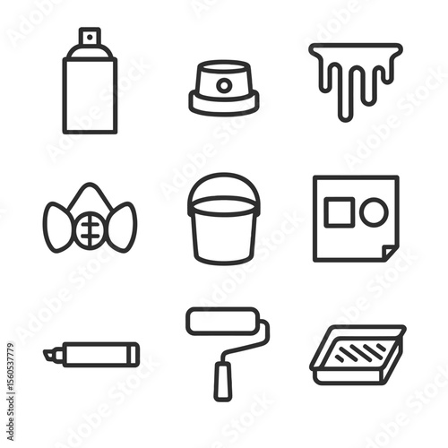 Spray Paint Icon Set. Outline icon set of spray paint tools and accessories: spray can, nozzle cap, paint drips, protective mask,
