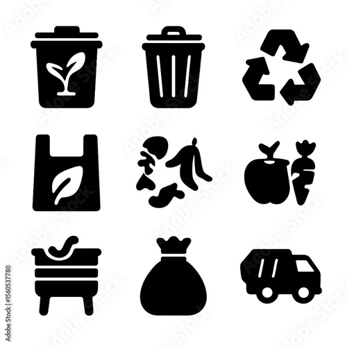 Food Waste Icons. Solid, filled icon set of food waste management: compost bin, trash can, recycling symbol, biodegradable bag,