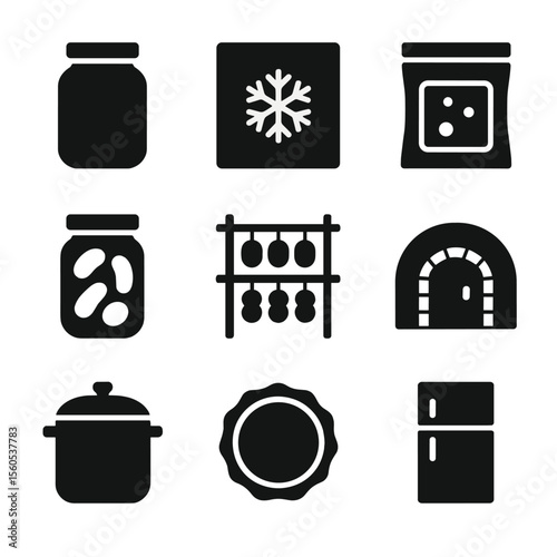 Food Preservation Icons. Solid, filled icon set of food preservation methods: mason jar, freezer icon, vacuum seal bag, pickling