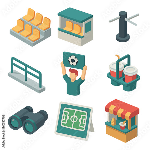 Football Stadium Icons. Isometric Flat icon set of football field spectator area: bleacher seating, VIP box, turnstile gate,