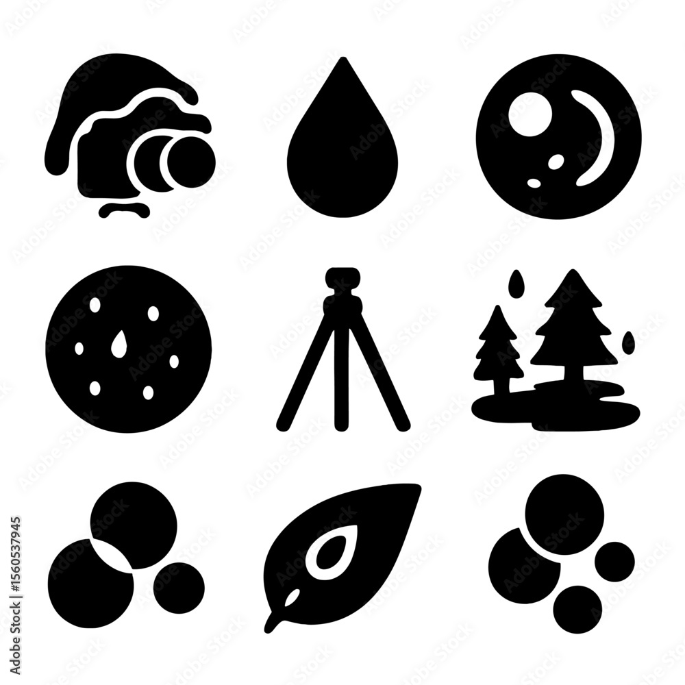 Forest Photography Icons. Solid, filled icon set of forest rain photography: camera with rain cover, close-up droplet, water lens
