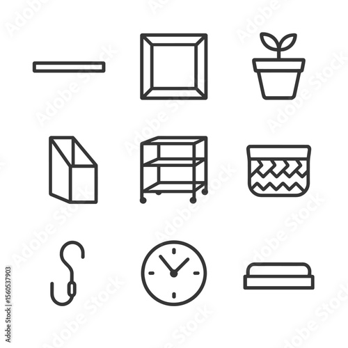 Outline Storage Icons. Outline icon set of storage and decor accents: floating shelf, wall art frame, plant pot, magazine holder,