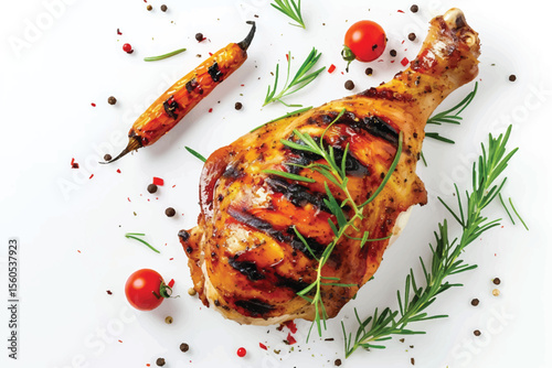 Grilled chicken with herb on black plate clean food object.
