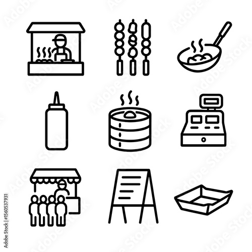 Street Food Icons. Outline icon set of street food vendors in bustling market: sizzling grill, skewers on stick, wok pan, sauce