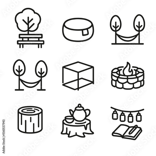 Forest Retreat Icons. Outline icon set of Forest Retreat Amenities: wooden bench shaded, meditation cushion, hammocks between