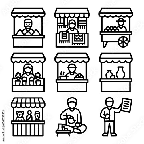Street Market Icons. Outline icon set of street market scenes: spice vendor, textile stall, fruit cart, flower vendor, street food