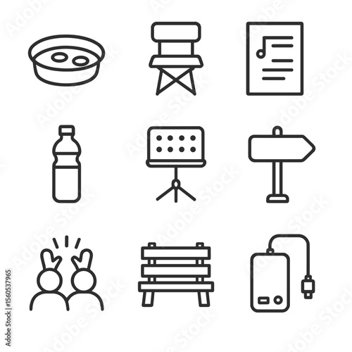 Street Performer Essentials. Outline icon set of street performance essentials: hat with coins, folding chair, lyrics sheet, drink