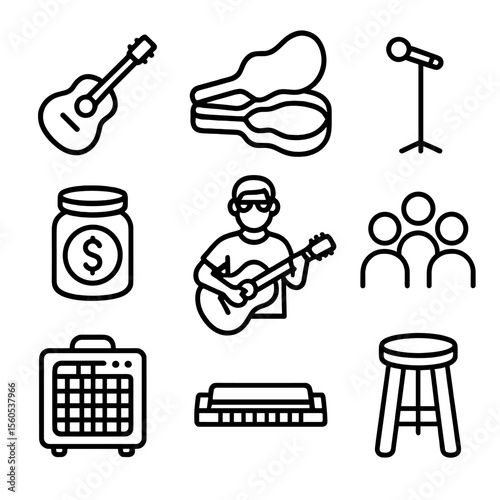 Street Musician Icon Set. Outline icon set of street musician performing: acoustic guitar, open guitar case, microphone stand, tip
