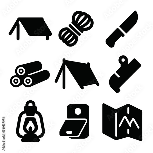 Forest Survival Icons. Solid, filled icon set of forest shelter and survival: lean-to, rope, knife, firewood, tarp, emergency